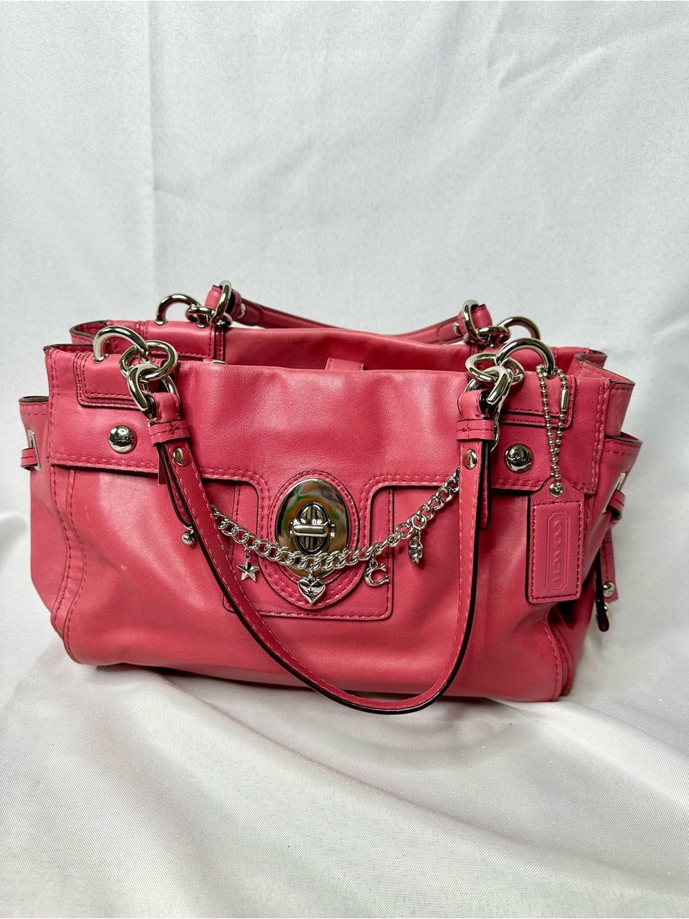 Coach Pink Leather Shoulder Bag with Charm Chain